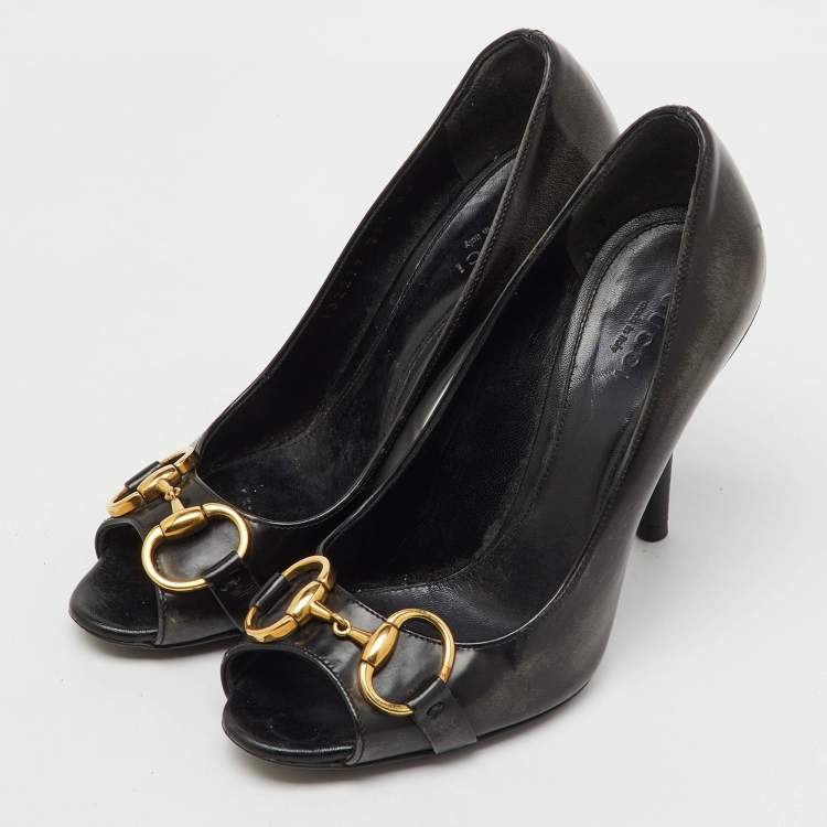 Pre Owned Gucci Black Leather Horsebit Peep Toe Pumps Size 35.5