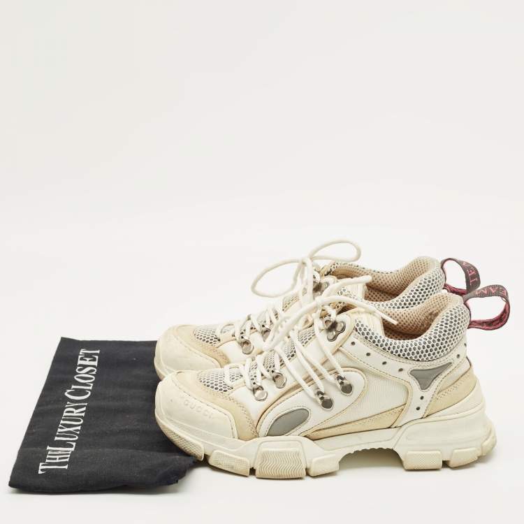 Pre Owned Gucci White Leather and Mesh Flashtrek Chunky Lace Up Sneakers Size 37