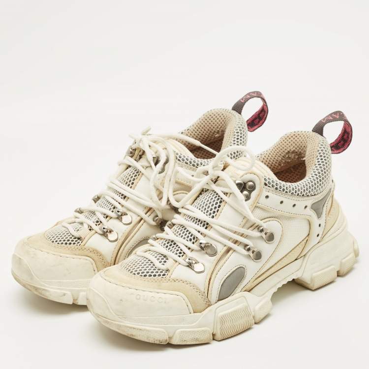 Pre Owned Gucci White Leather and Mesh Flashtrek Chunky Lace Up Sneakers Size 37