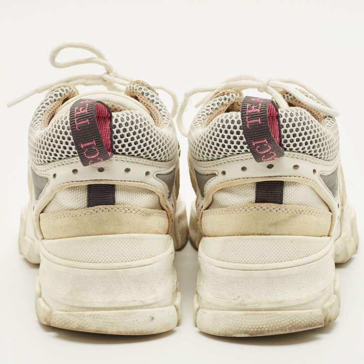 Pre Owned Gucci White Leather and Mesh Flashtrek Chunky Lace Up Sneakers Size 37