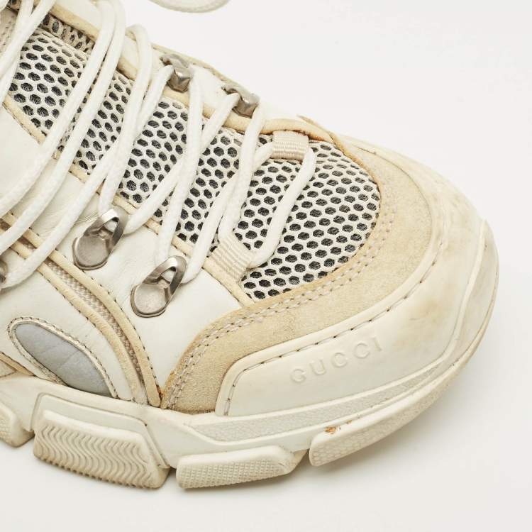 Pre Owned Gucci White Leather and Mesh Flashtrek Chunky Lace Up Sneakers Size 37