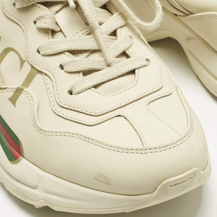 Pre Owned Gucci Off White Leather Rhyton Logo Print Low Top Sneakers Size 35.5