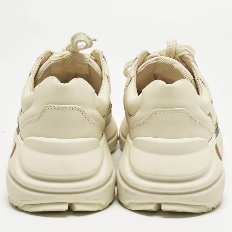 Pre Owned Gucci Off White Leather Rhyton Logo Print Low Top Sneakers Size 35.5