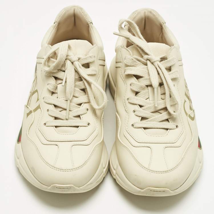 Pre Owned Gucci Off White Leather Rhyton Logo Print Low Top Sneakers Size 35.5
