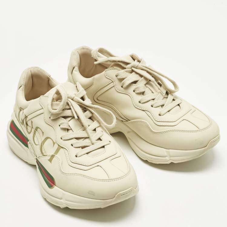 Pre Owned Gucci Off White Leather Rhyton Logo Print Low Top Sneakers Size 35.5