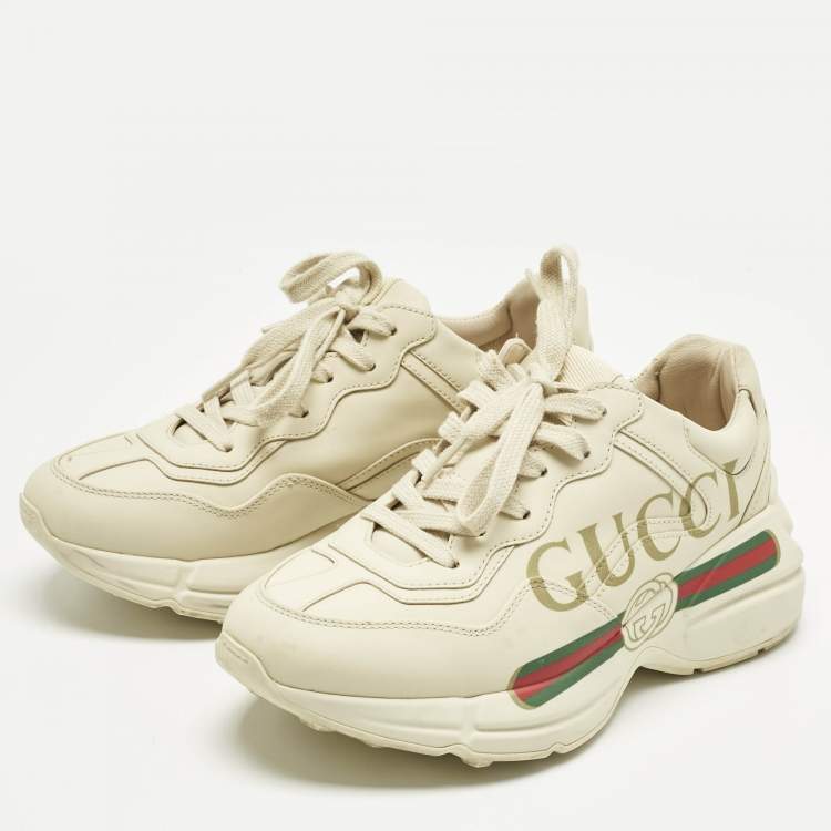 Pre Owned Gucci Off White Leather Rhyton Logo Print Low Top Sneakers Size 35.5