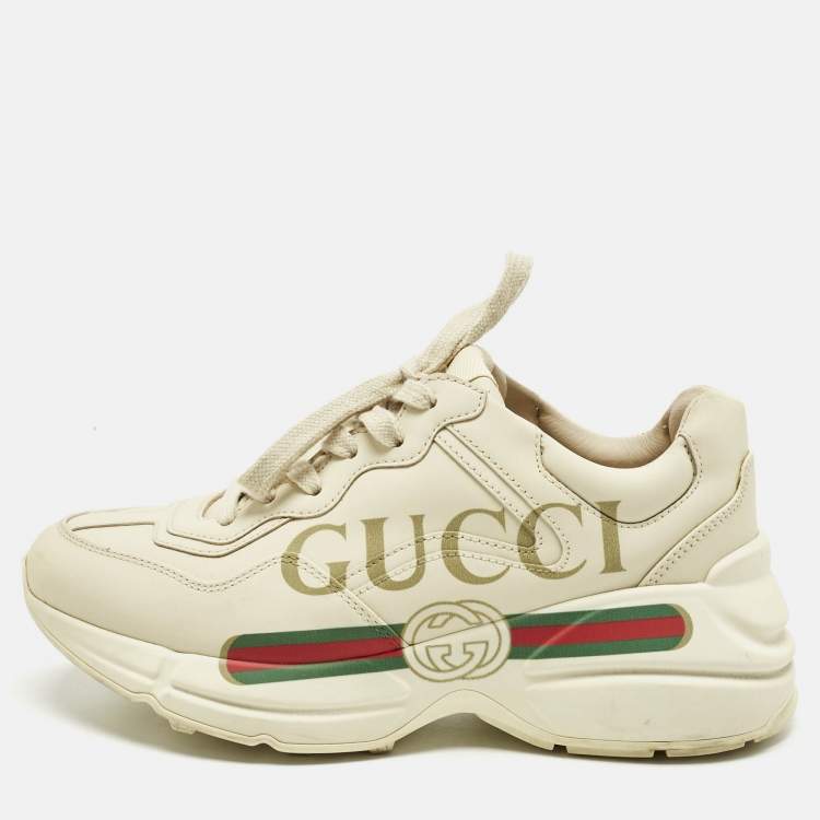 Pre Owned Gucci Off White Leather Rhyton Logo Print Low Top Sneakers Size 35.5