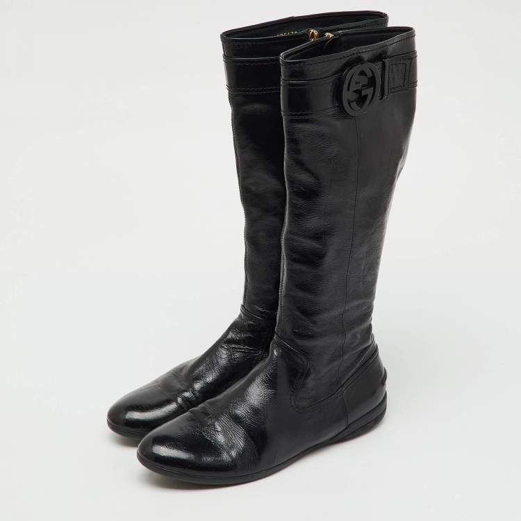 مملوكة مسبقًا Gucci Black Patent Leather Interlocking G Knee Length Boots Size 38
