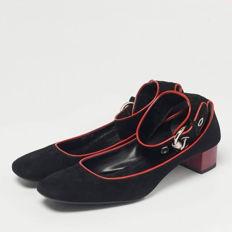 Pre Owned Gucci Black Suede Block Heel Ankle Strap Pumps Size 39