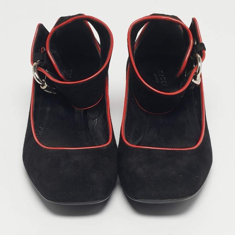Pre Owned Gucci Black Suede Block Heel Ankle Strap Pumps Size 39