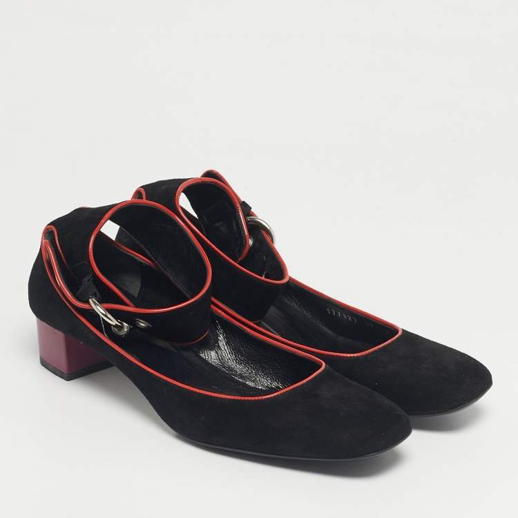 Pre Owned Gucci Black Suede Block Heel Ankle Strap Pumps Size 39