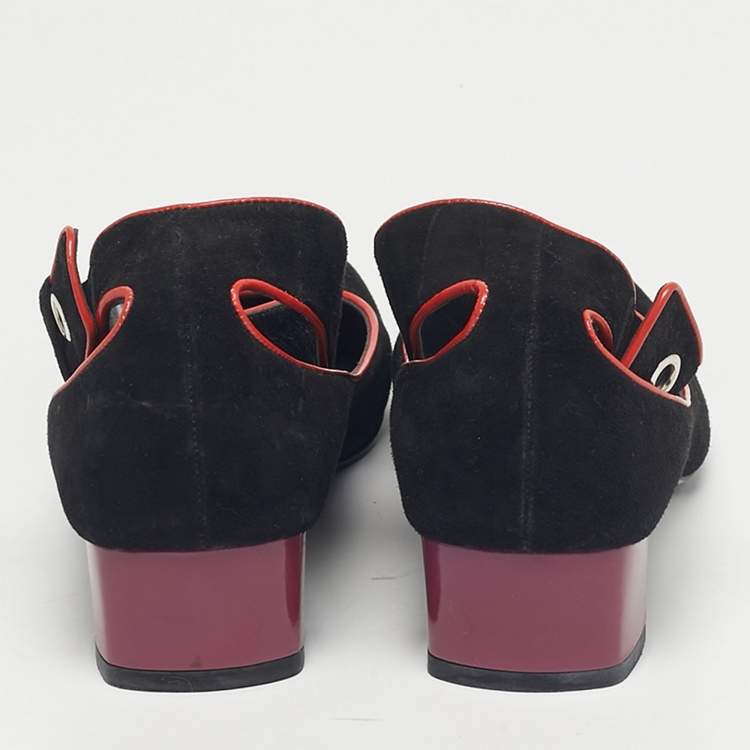 Pre Owned Gucci Black Suede Block Heel Ankle Strap Pumps Size 39