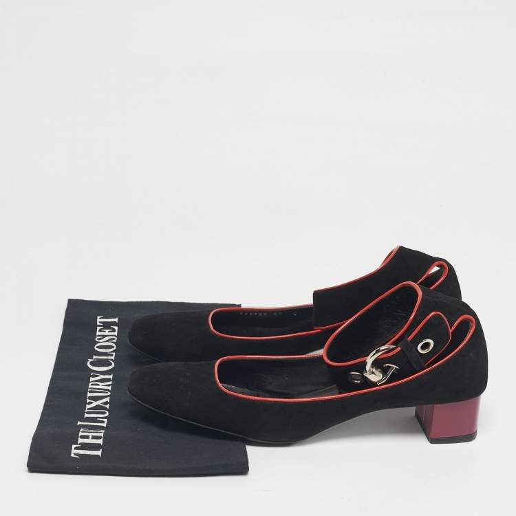 Pre Owned Gucci Black Suede Block Heel Ankle Strap Pumps Size 39