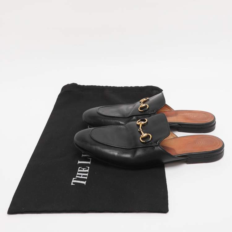 Pre Owned Gucci Black Leather Princetown Flat Mules Size 37.5 