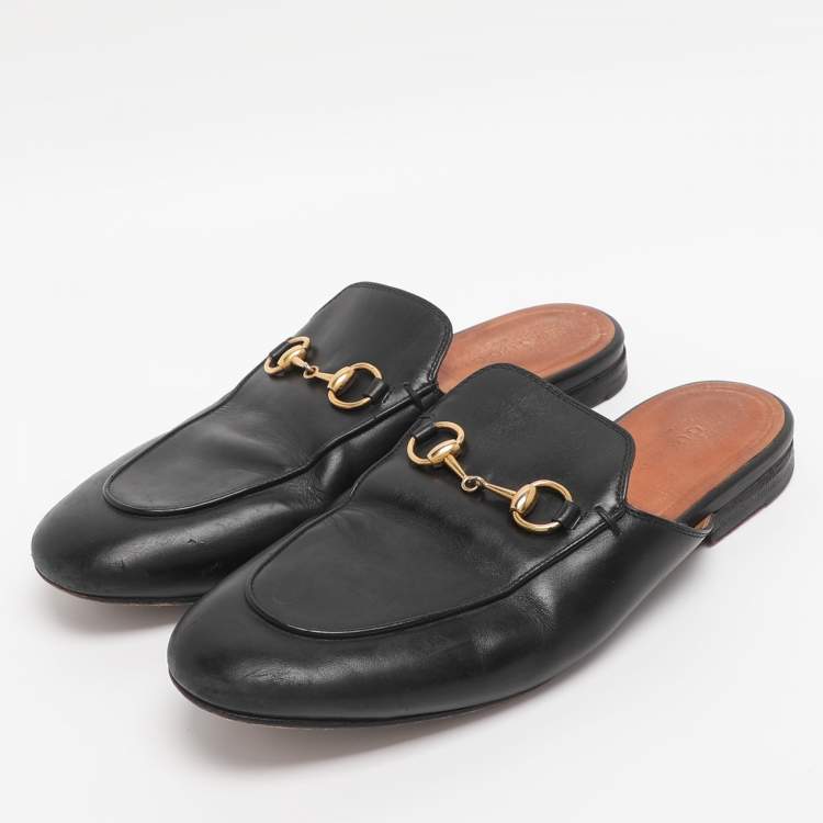 Pre Owned Gucci Black Leather Princetown Flat Mules Size 37.5 
