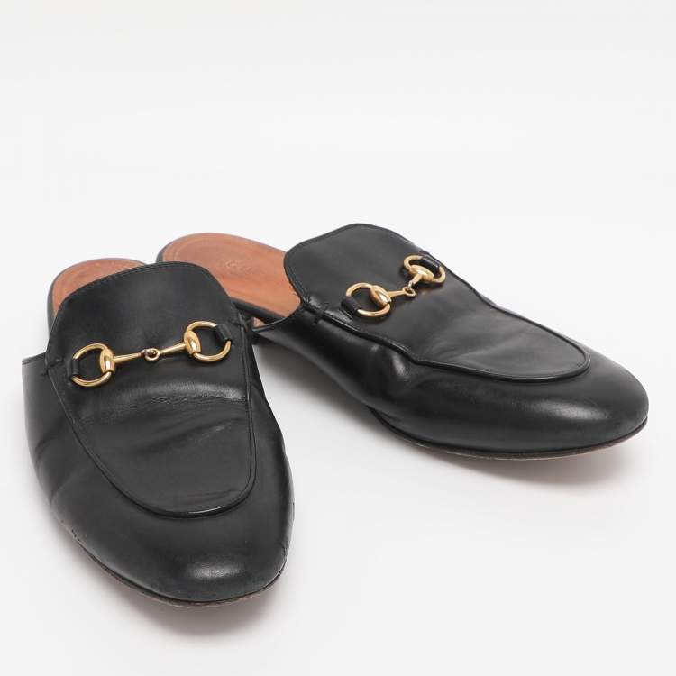 Pre Owned Gucci Black Leather Princetown Flat Mules Size 37.5 