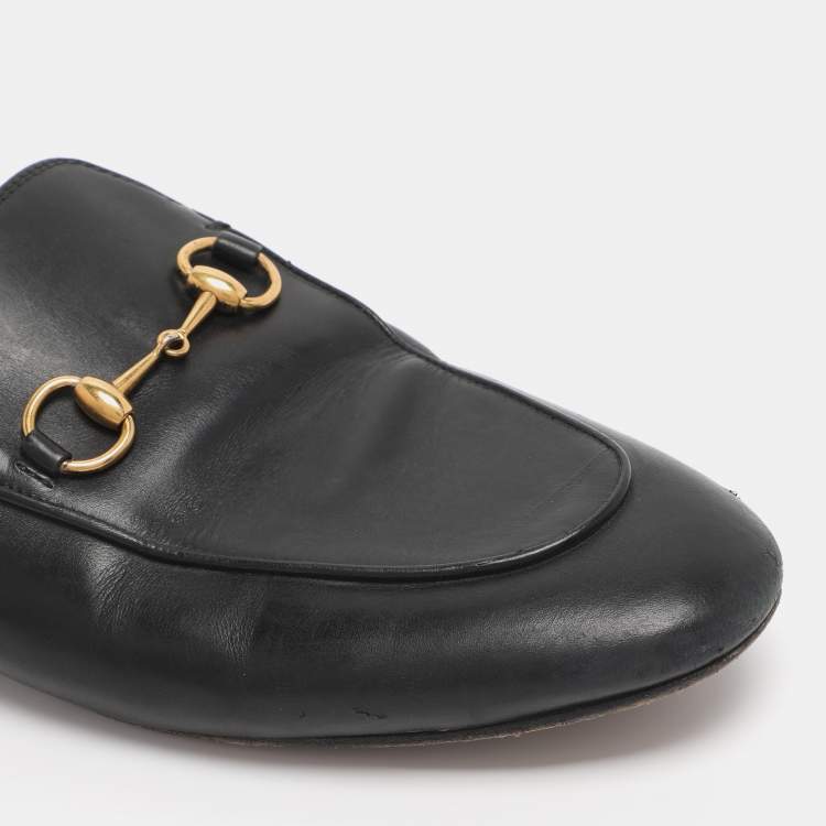Pre Owned Gucci Black Leather Princetown Flat Mules Size 37.5 