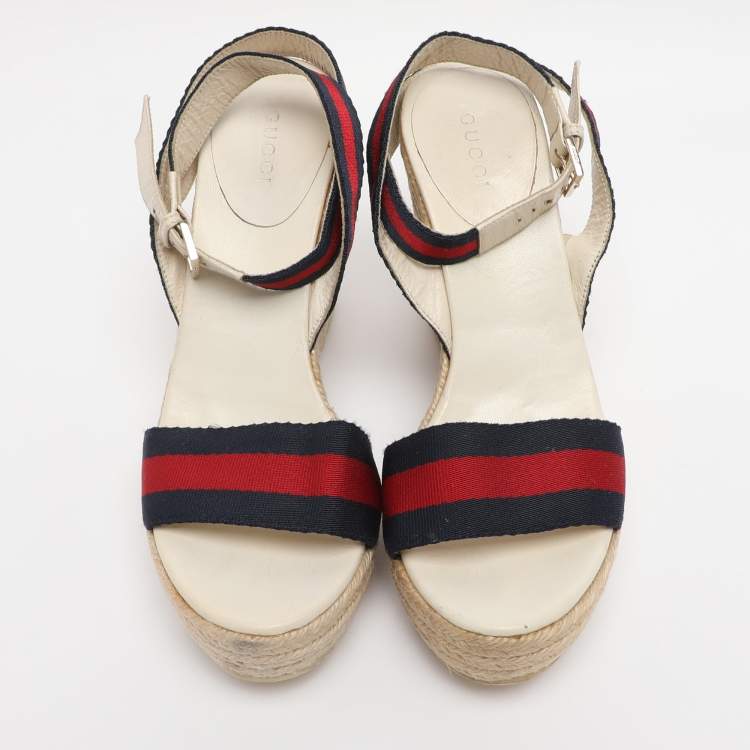 Pre Owned Gucci Multicolor Web and Leather Espadrille Wedge Sandals Size 39