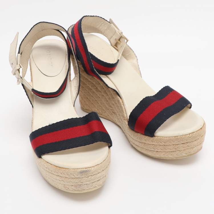 Pre Owned Gucci Multicolor Web and Leather Espadrille Wedge Sandals Size 39
