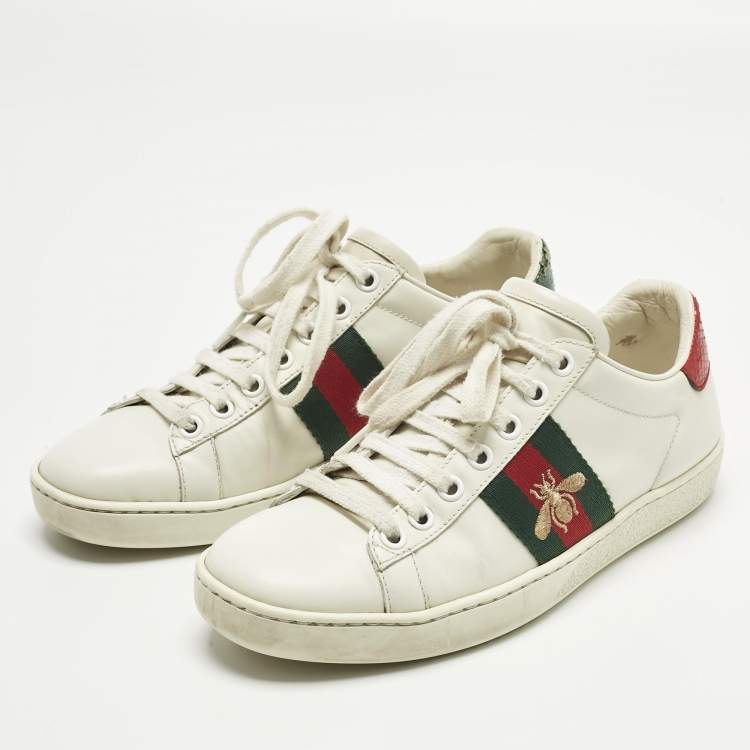 Pre Owned Gucci White Leather and Snakeskin Embossed Leather Ace Lace Up Sneakers Size 35