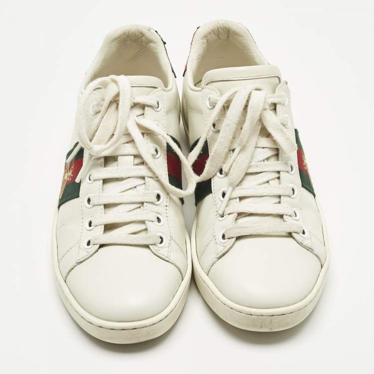 Pre Owned Gucci White Leather and Snakeskin Embossed Leather Ace Lace Up Sneakers Size 35