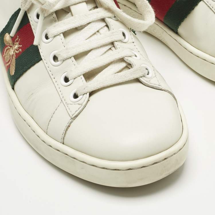 Pre Owned Gucci White Leather and Snakeskin Embossed Leather Ace Lace Up Sneakers Size 35
