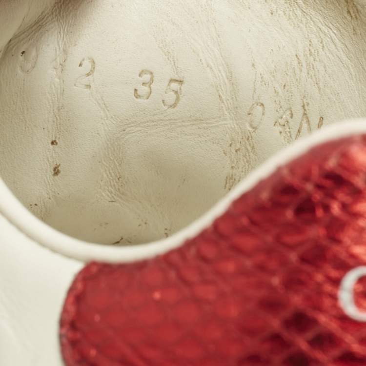 Pre Owned Gucci White Leather and Snakeskin Embossed Leather Ace Lace Up Sneakers Size 35