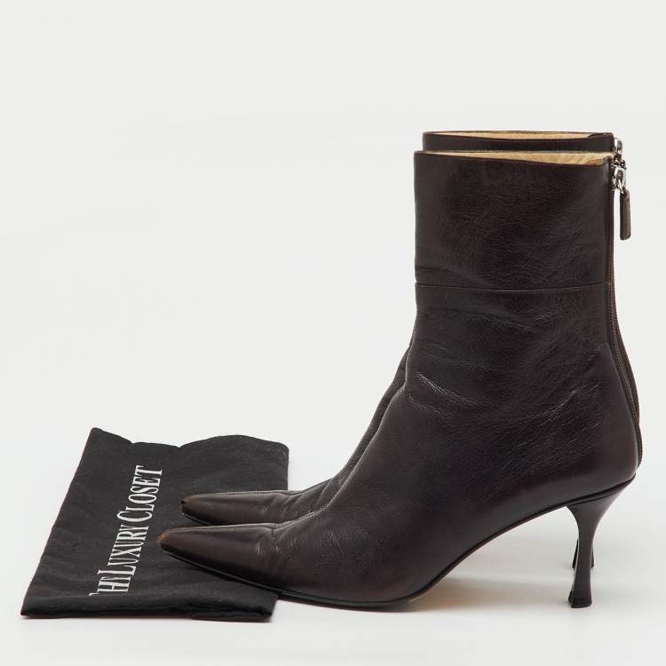 Pre Owned Gucci Dark Brown Leather Pointed Toe Ankle Length Boots Size 42