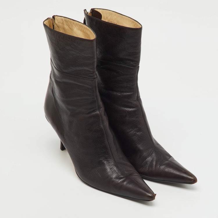 Pre Owned Gucci Dark Brown Leather Pointed Toe Ankle Length Boots Size 42