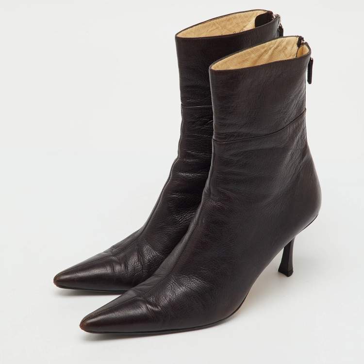 Pre Owned Gucci Dark Brown Leather Pointed Toe Ankle Length Boots Size 42