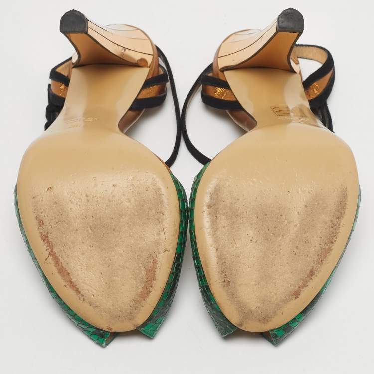 Pre Owned Gucci Green Python Leather and Suede Peep Toe Ankle Wrap Pumps Size 38