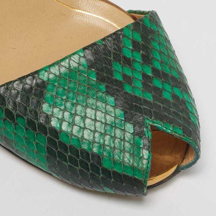 Pre Owned Gucci Green Python Leather and Suede Peep Toe Ankle Wrap Pumps Size 38
