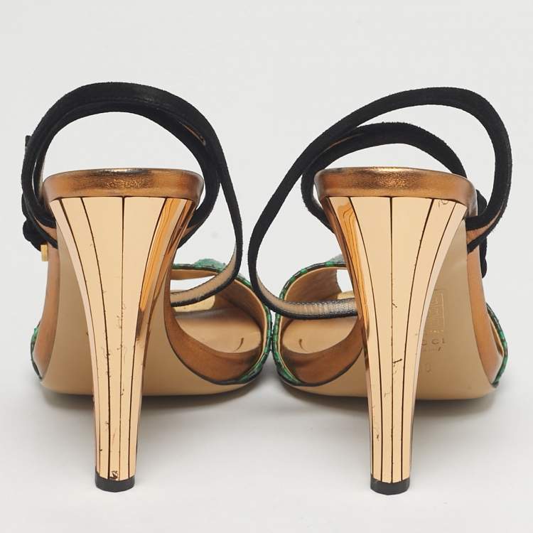 Pre Owned Gucci Green Python Leather and Suede Peep Toe Ankle Wrap Pumps Size 38