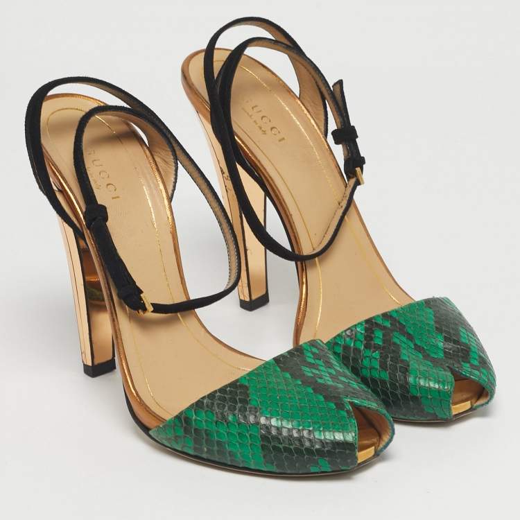 Pre Owned Gucci Green Python Leather and Suede Peep Toe Ankle Wrap Pumps Size 38