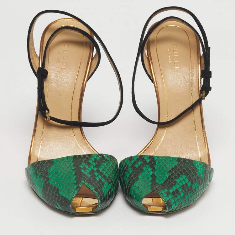 Pre Owned Gucci Green Python Leather and Suede Peep Toe Ankle Wrap Pumps Size 38