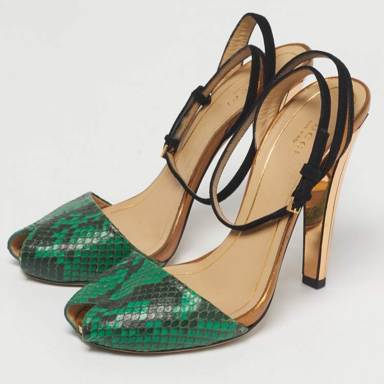 Pre Owned Gucci Green Python Leather and Suede Peep Toe Ankle Wrap Pumps Size 38