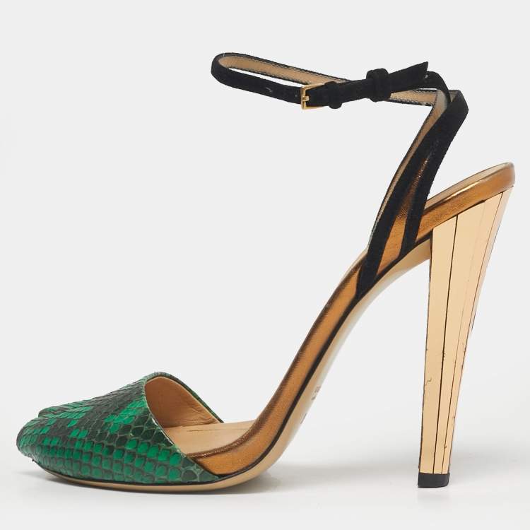 Pre Owned Gucci Green Python Leather and Suede Peep Toe Ankle Wrap Pumps Size 38