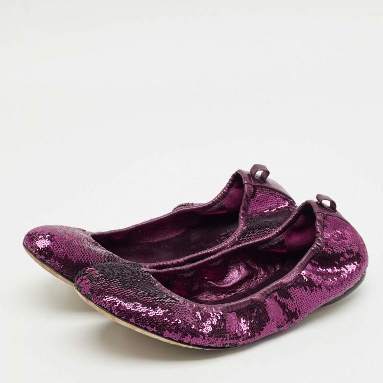 Pre Owned Gucci Purple Leather and Sequins Embellish Scrunch Ballet Flats Size 39