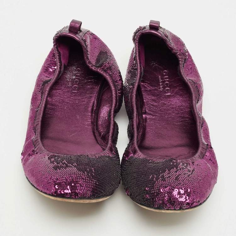 Pre Owned Gucci Purple Leather and Sequins Embellish Scrunch Ballet Flats Size 39