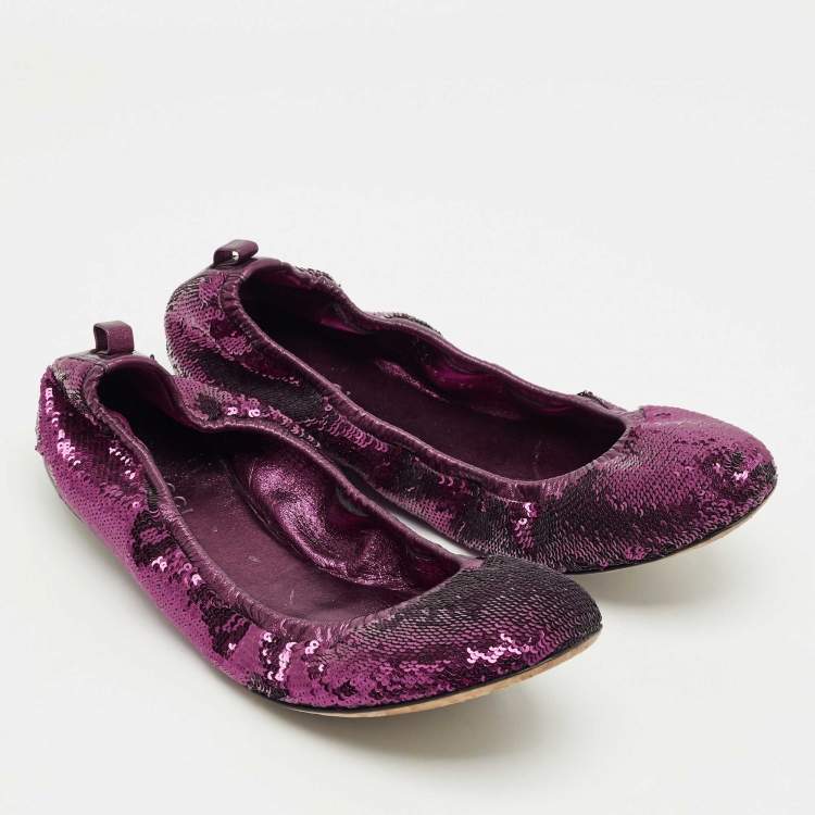 Pre Owned Gucci Purple Leather and Sequins Embellish Scrunch Ballet Flats Size 39