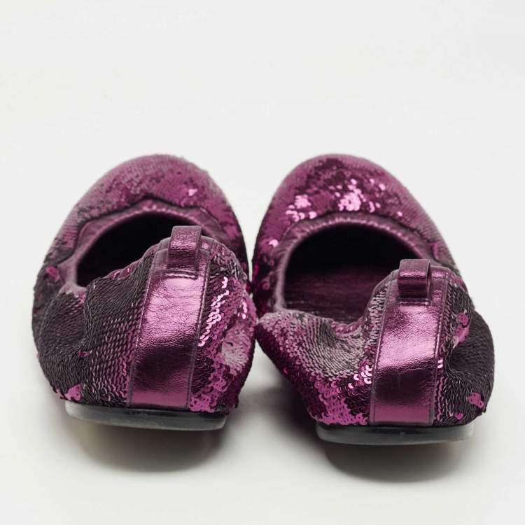 Pre Owned Gucci Purple Leather and Sequins Embellish Scrunch Ballet Flats Size 39
