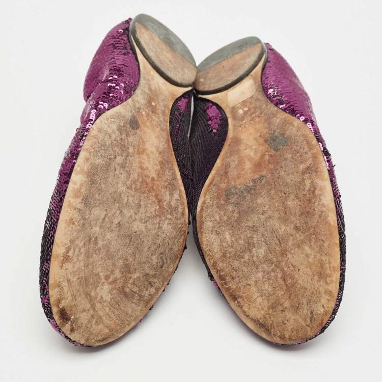 Pre Owned Gucci Purple Leather and Sequins Embellish Scrunch Ballet Flats Size 39