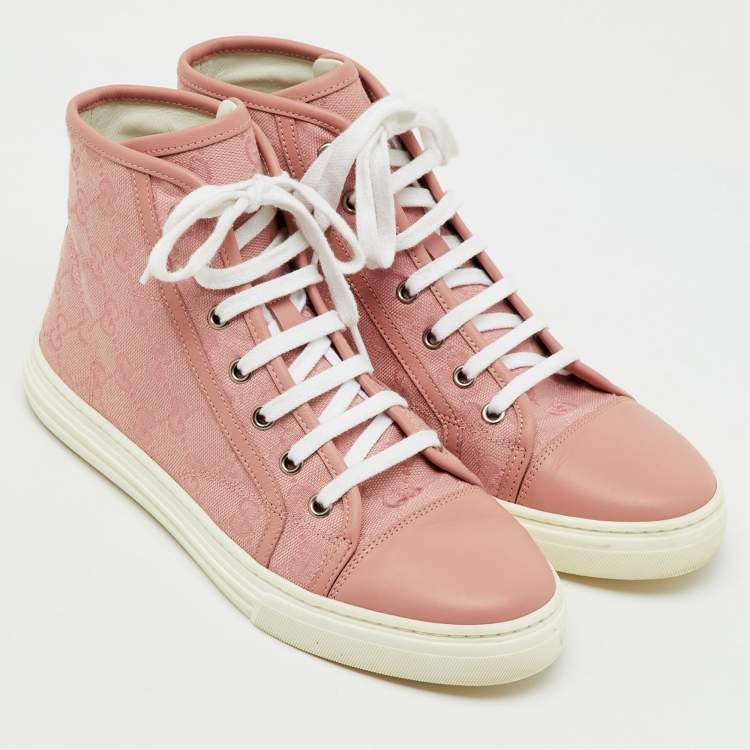 Pre Owned Gucci Pink GG Canvas and Leather High Top Sneakers Size 37.5