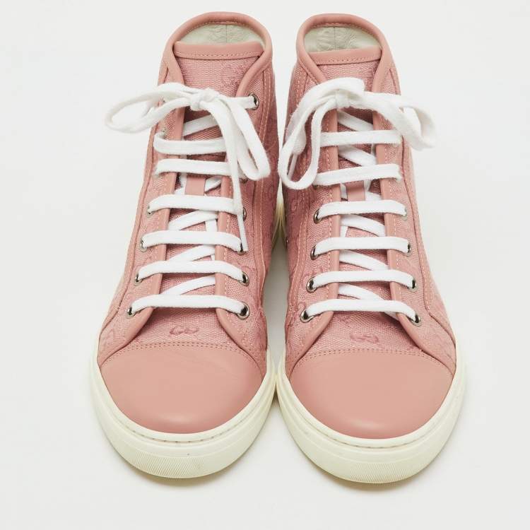 Pre Owned Gucci Pink GG Canvas and Leather High Top Sneakers Size 37.5