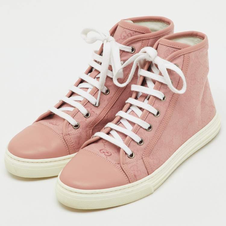 Pre Owned Gucci Pink GG Canvas and Leather High Top Sneakers Size 37.5