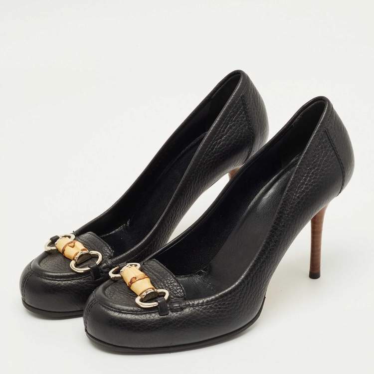 Pre Owned Gucci Black Leather Bamboo Horsebit Loafer Pumps Size 37