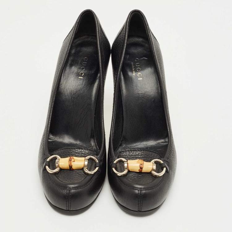 Pre Owned Gucci Black Leather Bamboo Horsebit Loafer Pumps Size 37