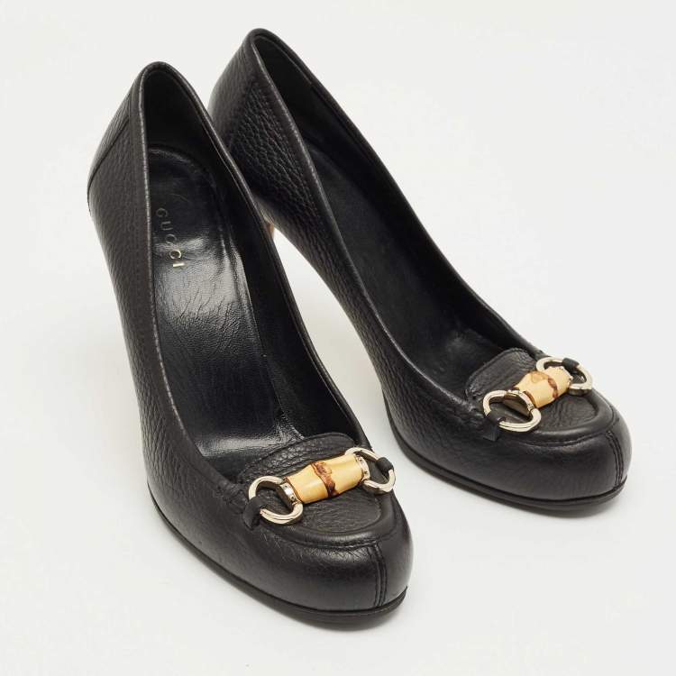 Pre Owned Gucci Black Leather Bamboo Horsebit Loafer Pumps Size 37