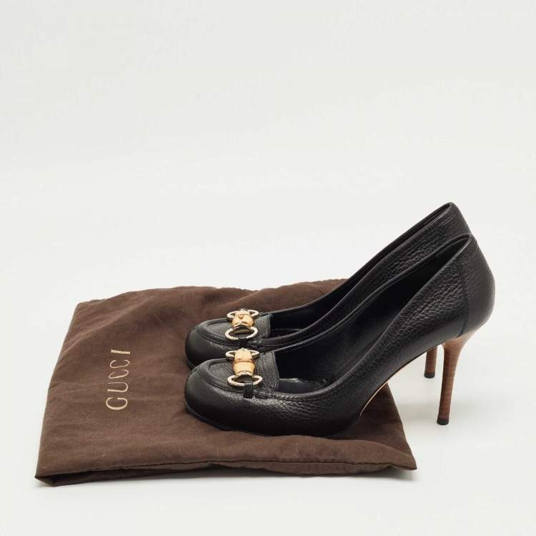 Pre Owned Gucci Black Leather Bamboo Horsebit Loafer Pumps Size 37