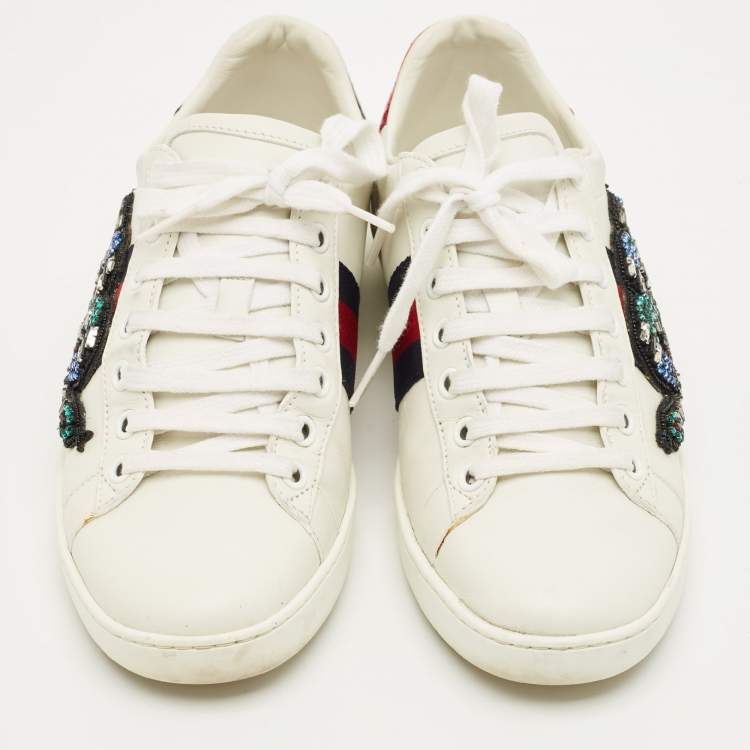 Pre Owned Gucci White Snakeskin Embossed and Leather Ace Low Top Sneakers Size 36